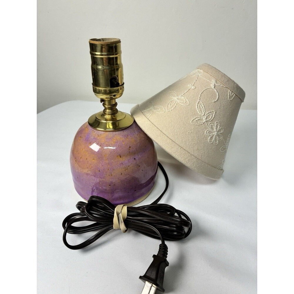 Handmade Ceramic Lamp Pink Glaze With Embroidered Flower Shade Whimsical Stamped